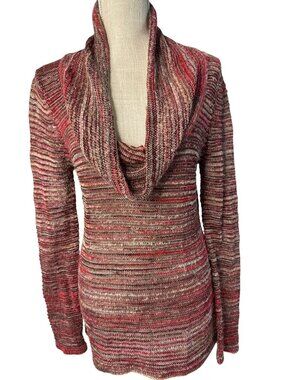 Striped Knit Cowl Neck Sweater Top Womens Size L Brown & Red Long Sleeve Lightwe